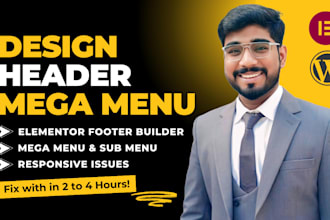 design and fix header, footer and mega menu for wordpress website in 2 hours