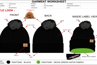 design custom hat and cap mockup, flat sketch and tech pack