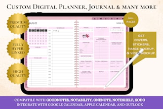 design hyperlinked digital planner, journal, digital products, stickers for etsy