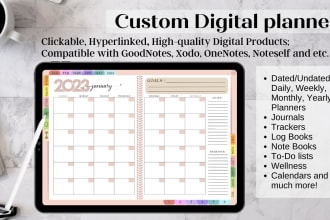 design hyperlinked digital planner, stickers, journal, tracker, logbook for etsy