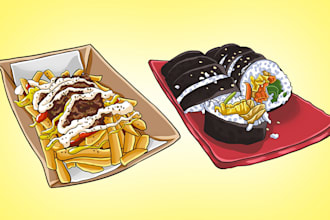 draw tasty food drink or dish cartoon illustration