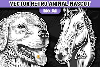 design vector animal retro logo mascot, linocut pet portrait