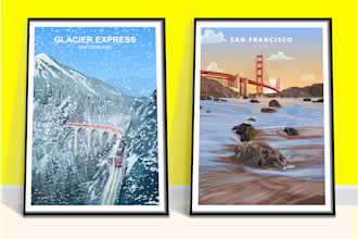 design vintage retro, art deco, travel poster vector art landscape illustration