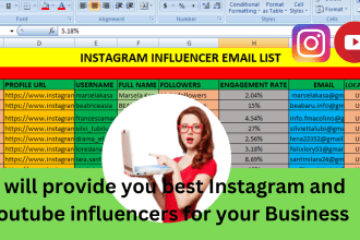 find instagram and youtube influencer research  email lists