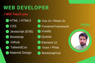 teach html, css, javascript, vue, vuetify and quasar