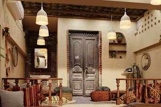 design a cozy rustic restaurant interior with 3d rendering