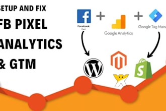 setup facebook pixel, fix google analytics, retargeting, tag manager conversion