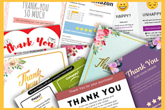 create amazon thank you card, product insert card, package insert within 6 hours