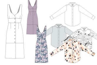 create a color and black and white fashion flat sketch