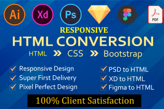 convert psd to html, xd to html, figma to html css  bootstrap responsive website
