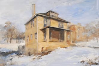 create a house illustration in real oil painting on canvas