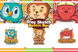 design cartoon logo, trendy mascot, animal and food character for your business