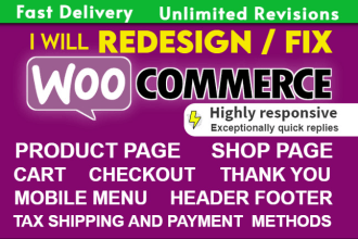 redesign woocommerce shop, product, cart, checkout, thank you pages