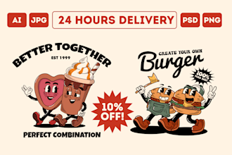 create retro vintage logo cartoon character mascot in handdrawn style