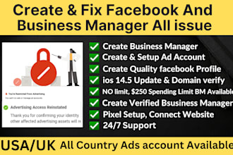 create and fix facebook business manager, fb ads manager account