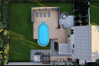backyard design, deck, cabana, hot tub, jacuzzi, pool, lawn, side yard, railing