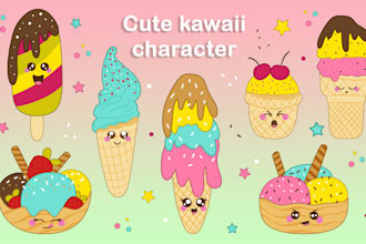design cute kawaii character mascot animal food stickers emoticons