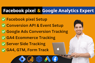 setup google analytics 4, facebook pixel conversion api, ga4 ecommerce tracking