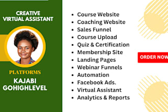 create kajabi website kajabi landing page online course,  ghl membership site VA