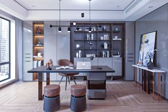 create office and shop, interior, exterior, and floor plan