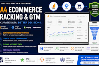 set up ga4 ecommerce tracking, google tag manager, and ga4 custom events