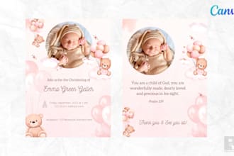 provide editable pink bear balloon christening invitation