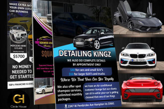 design car wash, car detailing and car rental flyer