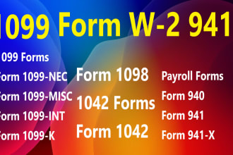 prepare 1099, schedule c, w2, 940, 941 paystubs, 1042