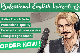 record a professional male english voiceover with a french accent of your choice