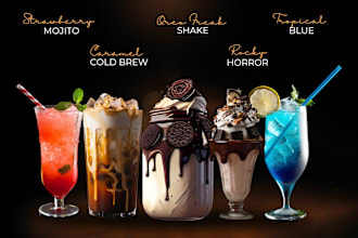 design tempting food, beverage, dessert photos for restaurant with midjourney ai