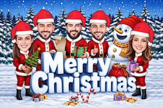 do a group christmas caricature with a winter holiday theme