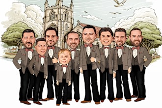 draw groomsmen caricatures, weddings, bride groom, cartoon