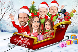 make a winter christmas cartoon, santa caricature for a gift