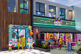 create cinematic architectural render for kids fun park
