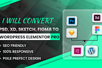 convert PSD, figma, xd, or sketch to wordpress elementor pro