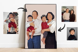 merge photos, combine photos to cartoon or watercolor family portrait gift