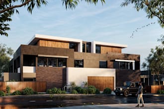 create house exterior design, with photorealistic 3d render
