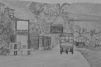 draw pencil sketch  landscape, building, nature and scenery