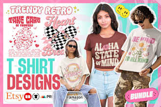 provide trendy retro groovy etsy tshirt designs bundle for pod