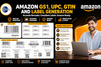 provide amazon gs1,upc,gtn and label and generate barcode, labels