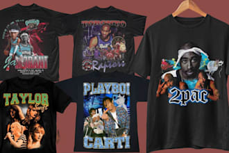 create a vintage bootleg rap t shirt design or 90s style graphic tee
