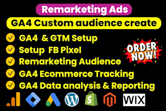 create ga4 custom audience for remarketing, fix ga4 issues, setup pixel by gtm