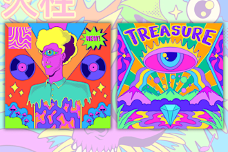 draw illustration trippy, psychedelic, pop art for music album cover