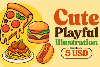 design cute and colorful cartoon food illustration for logo, menu, etc