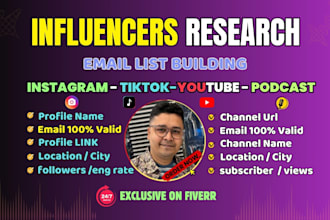 research top influencers for youtube instagram tiktok and podcast verified email
