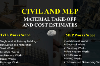 do construction estimate and material take off for all civil and mep estimation