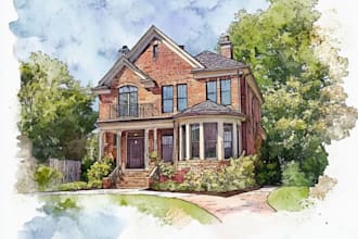 digital watercolor realistic house building illustration