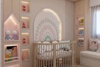 design a cozy nursery, kids, teen or baby room, 5 3d visuals and floor plan