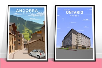 draw building, house, and landscape vector art illustration