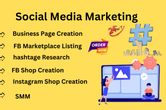 do marketplace listing, hashtags research, business pages creation, fb ig shop